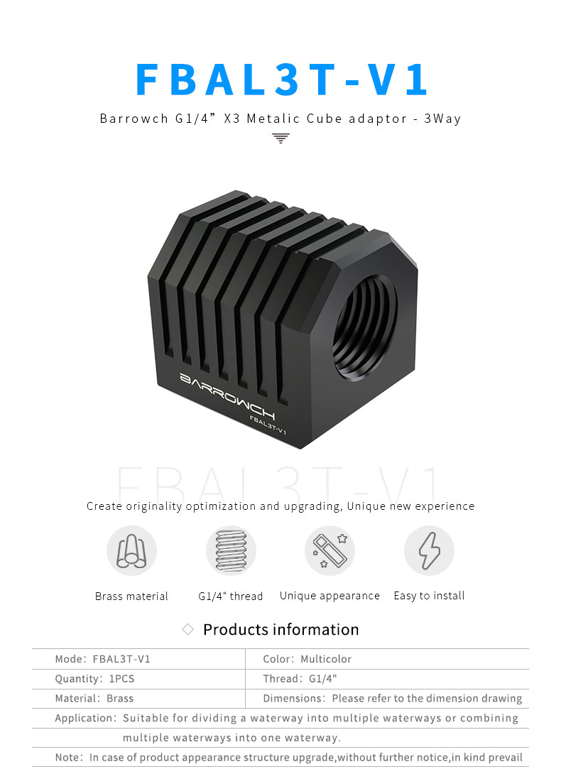 Barrowch G1/4”X3 Metalic Cube adaptor – 3Way – Classic Black