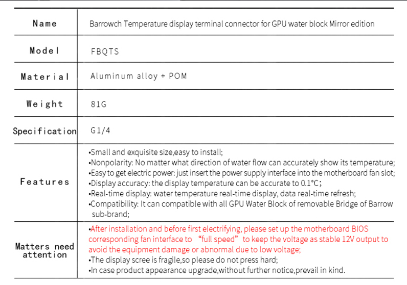 Barrowch Temperature display terminal connector for GPU water block Mirror edition